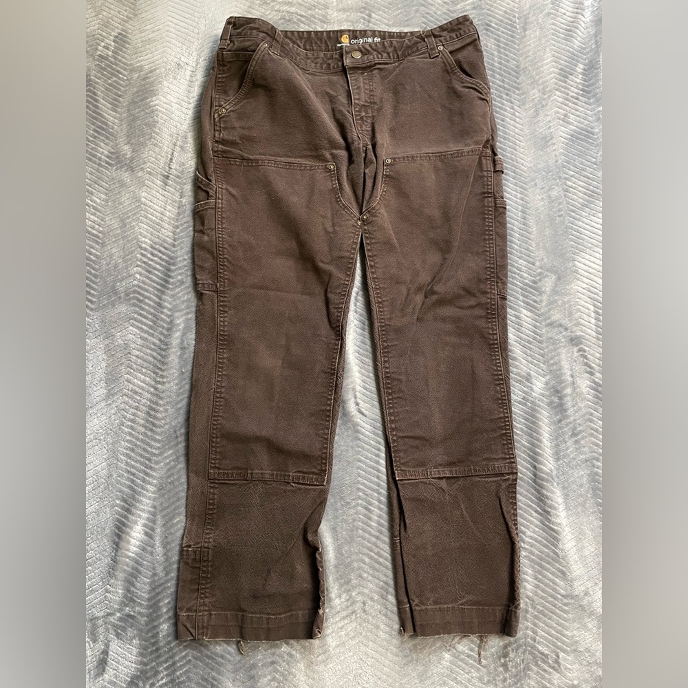 Womens Carhartt Hayden Double Front Dungaree Canvas Pants Brown‎ Distressed 16P